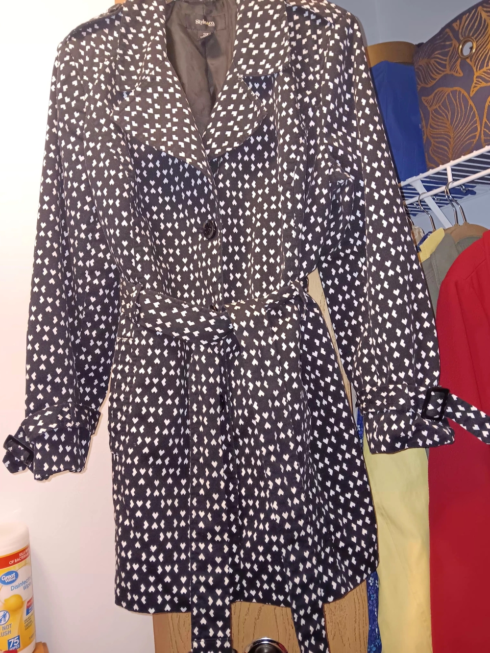 Style &Co Black & White Belted Women's Short Trench Coat